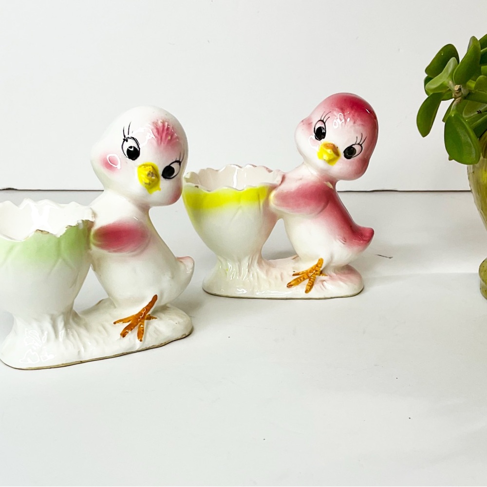 VINTAGE Mid-Century Japanese Pink Duck Eggcup Set Ceramic Figurines - Picture 2 of 7